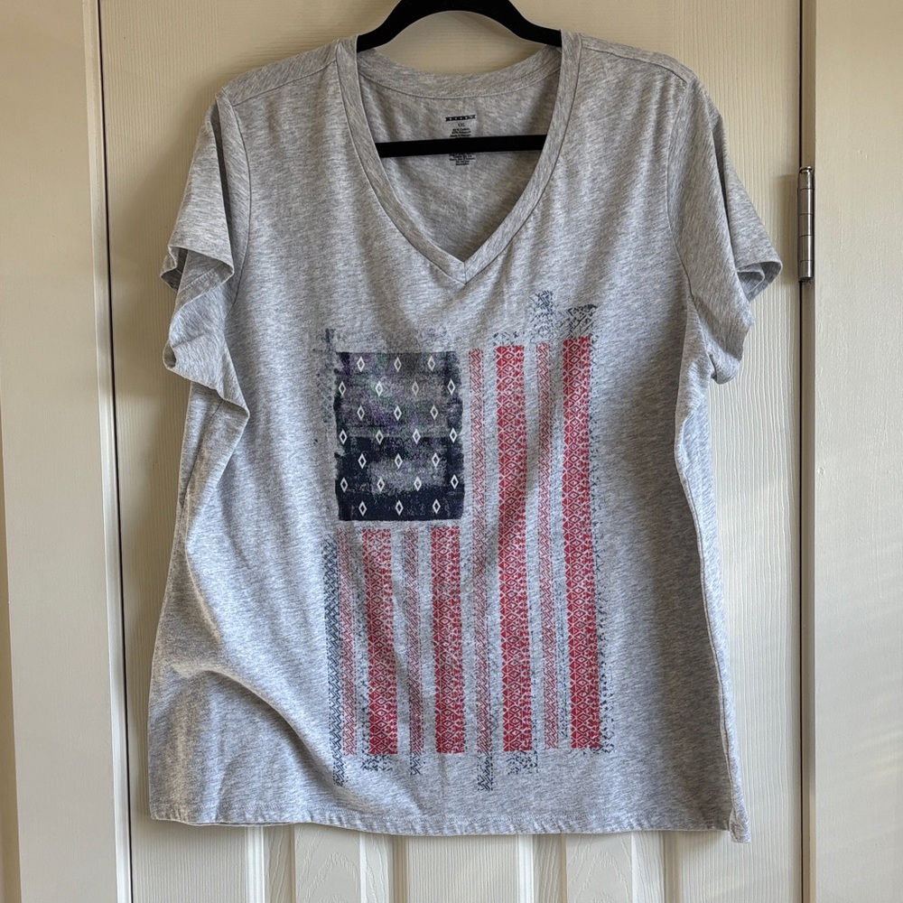 Grey American Flag Printed V-Neck T-Shirt Top Size XXL